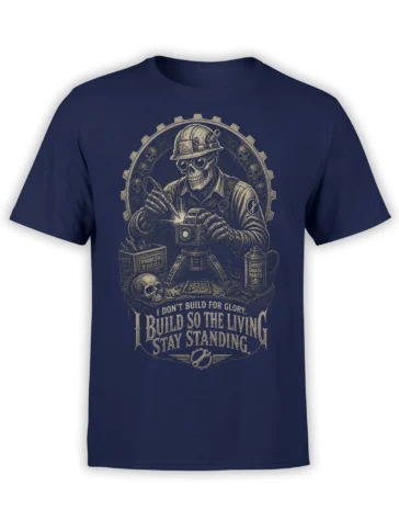 Vintage skeleton builder graphic with tools, camera gear, skulls, and a work ethic quote on a navy T-shirt