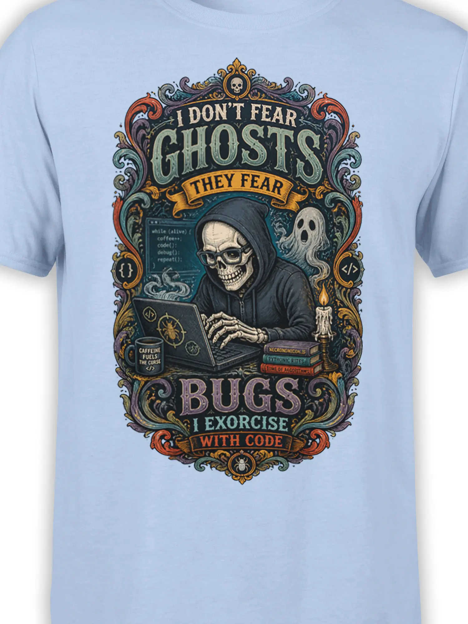 Close-up of hooded skeleton coder, ghost, laptop, and ornate bug exorcism artwork on a light blue shirt