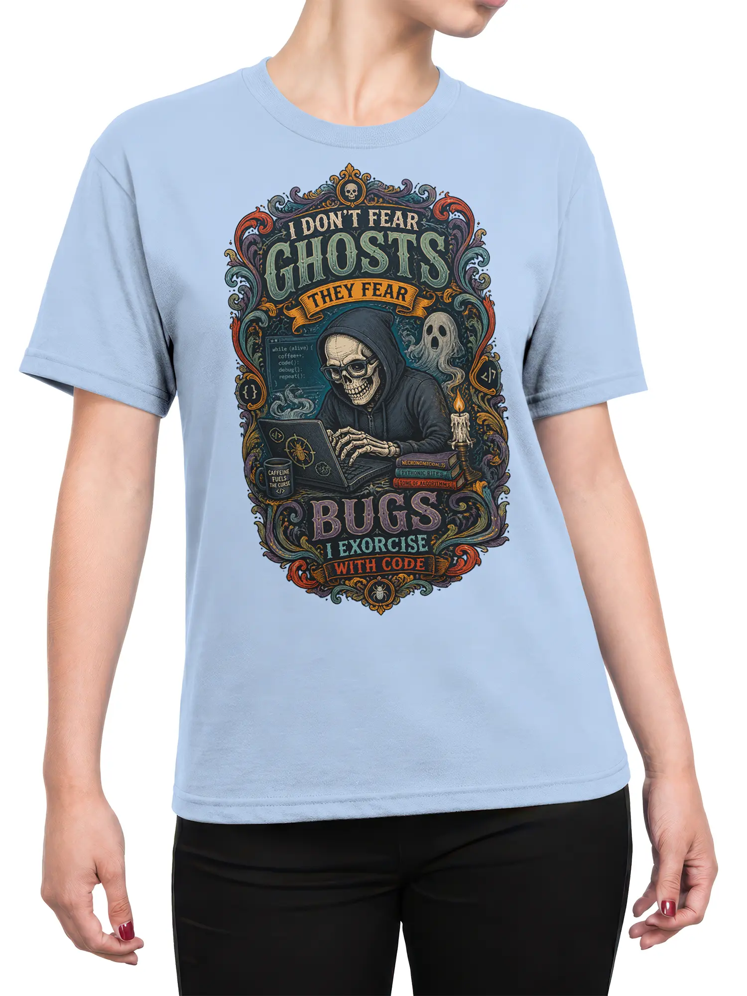 Female torso wearing a light blue gothic programmer T-shirt with skeleton coder and ghost design