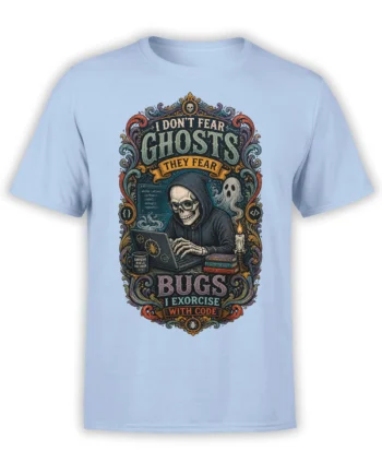 Gothic programmer T-shirt with hooded skeleton, ghost, laptop, and bug exorcism lettering on light blue fabric