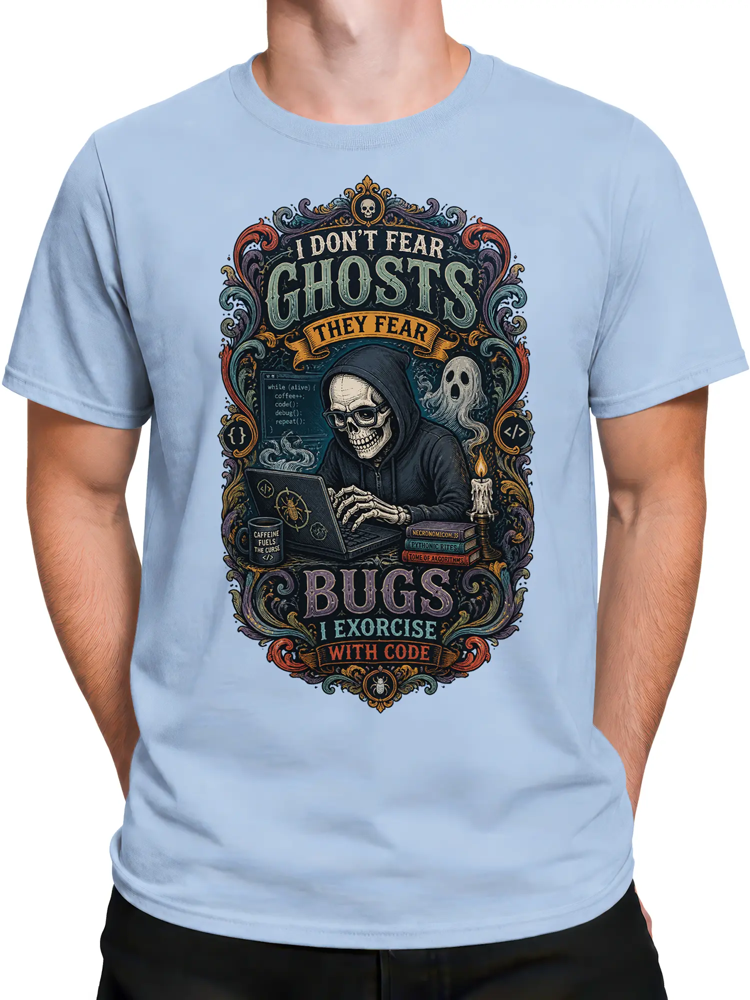 Male torso wearing a light blue programmer T-shirt with hooded skeleton, ghost, and coding design