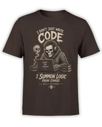 Dark brown T-shirt with a skull coder wearing headphones, using a laptop beside coffee and books