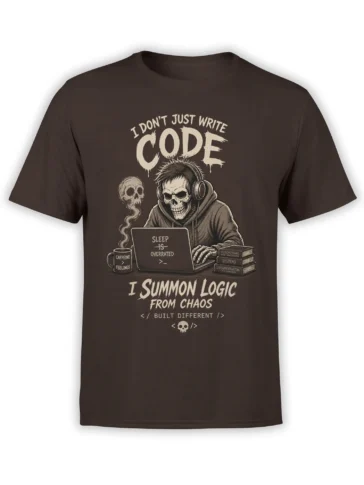 Dark brown T-shirt with a skull coder wearing headphones, using a laptop beside coffee and books