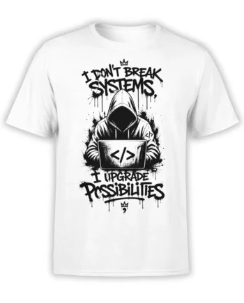 White programmer T-shirt with hooded coder, laptop symbols, crown details, and bold upgrade possibilities text
