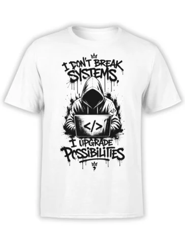 White programmer T-shirt with hooded coder, laptop symbols, crown details, and bold upgrade possibilities text