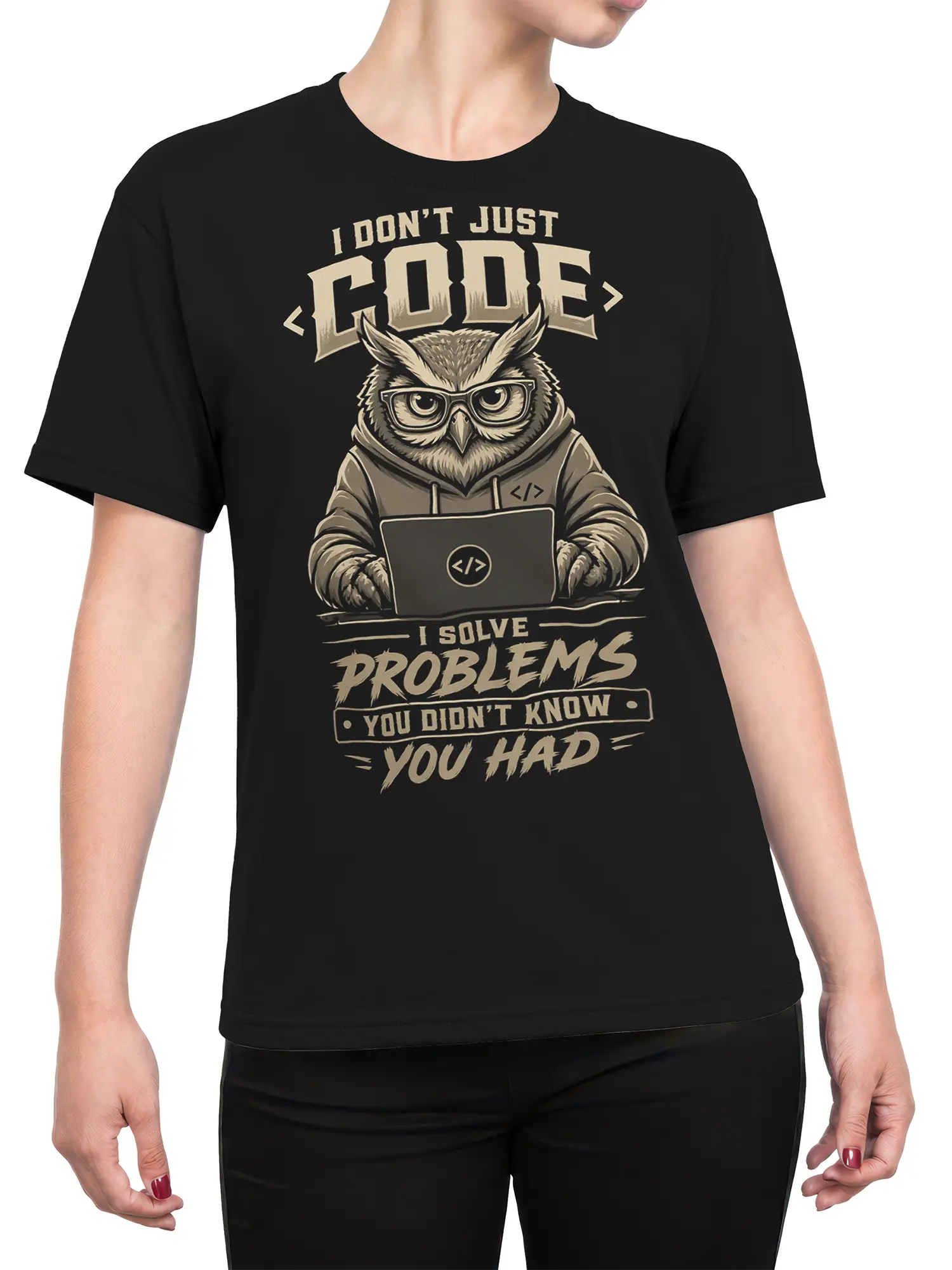 Female torso wearing a black owl programmer T-shirt with vintage coding artwork and a humorous problem-solving message
