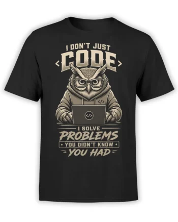 Black owl programmer T-shirt with glasses, laptop, coding symbols, and a humorous problem-solving slogan