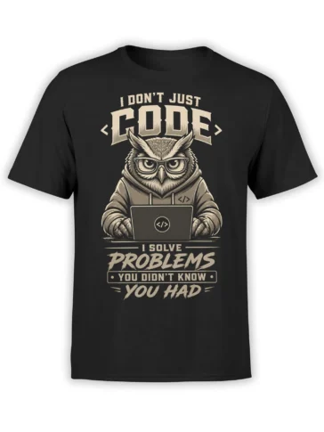Black owl programmer T-shirt with glasses, laptop, coding symbols, and a humorous problem-solving slogan