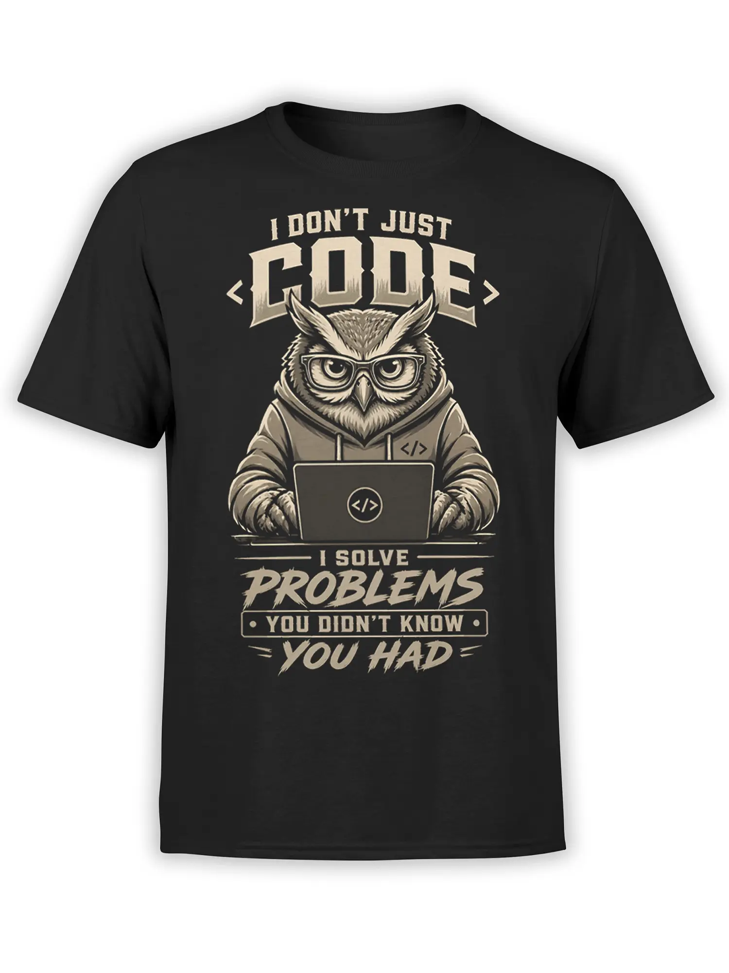 Black owl programmer T-shirt with glasses, laptop, coding symbols, and a humorous problem-solving slogan