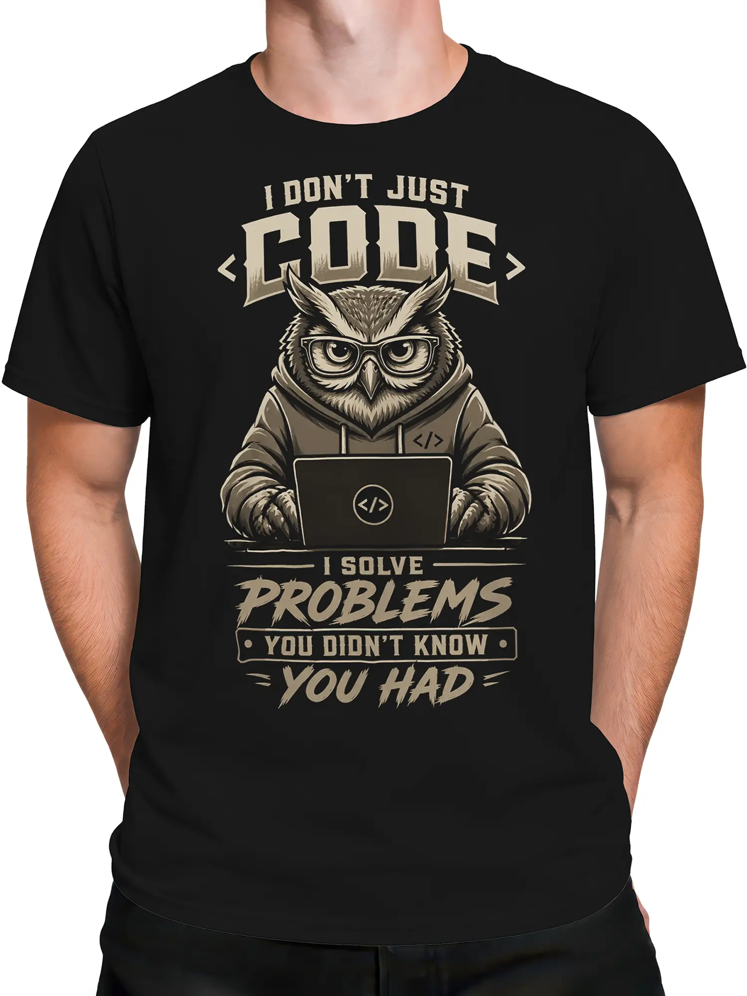 Male torso wearing a black programmer T-shirt with an owl in glasses and vintage coding humor artwork