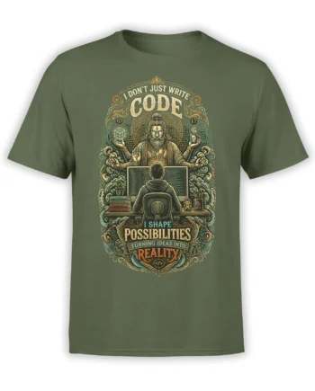 Green programmer T-shirt with a meditating code mystic, computer monitor, and “I Shape Possibilities” artwork
