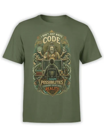 Green programmer T-shirt with a meditating code mystic, computer monitor, and “I Shape Possibilities” artwork