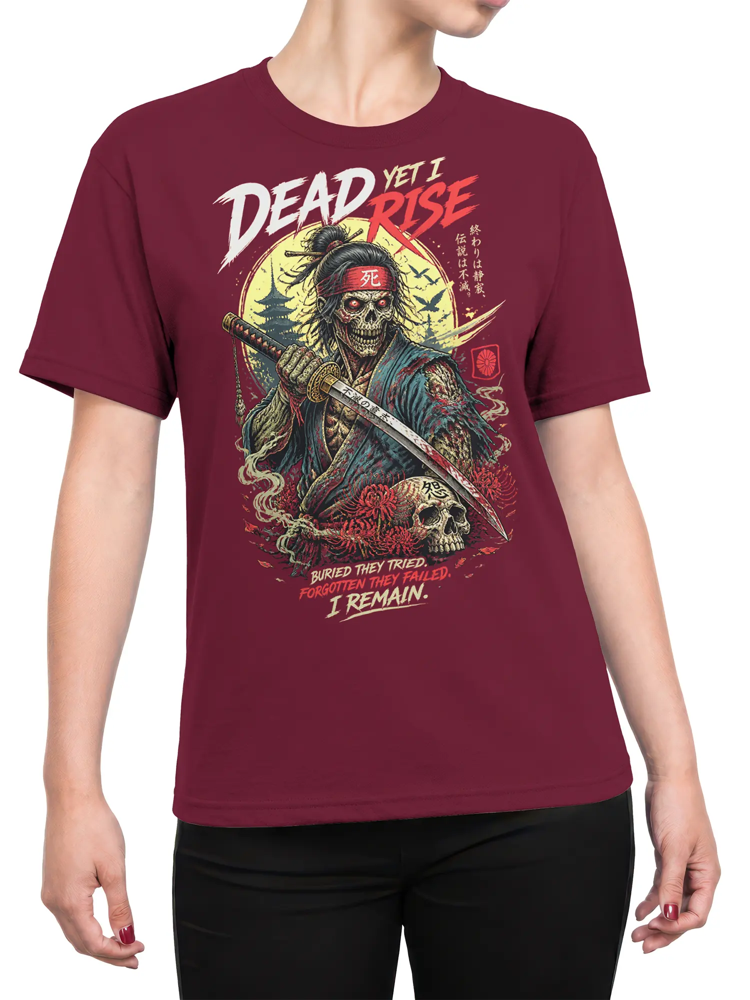 Female torso wearing a burgundy T-shirt with undead samurai, katana, skull, and chrysanthemum artwork