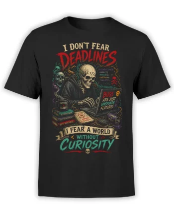 Black programmer T-shirt with a hooded skeleton coding beside coffee, skulls, books, and colorful text