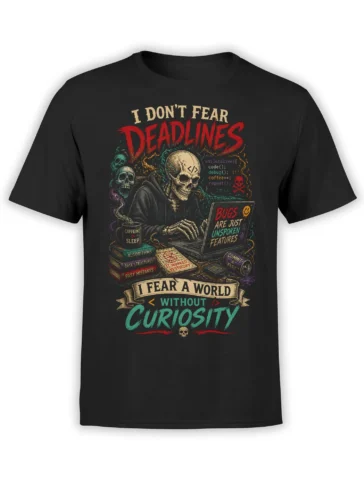 Black programmer T-shirt with a hooded skeleton coding beside coffee, skulls, books, and colorful text