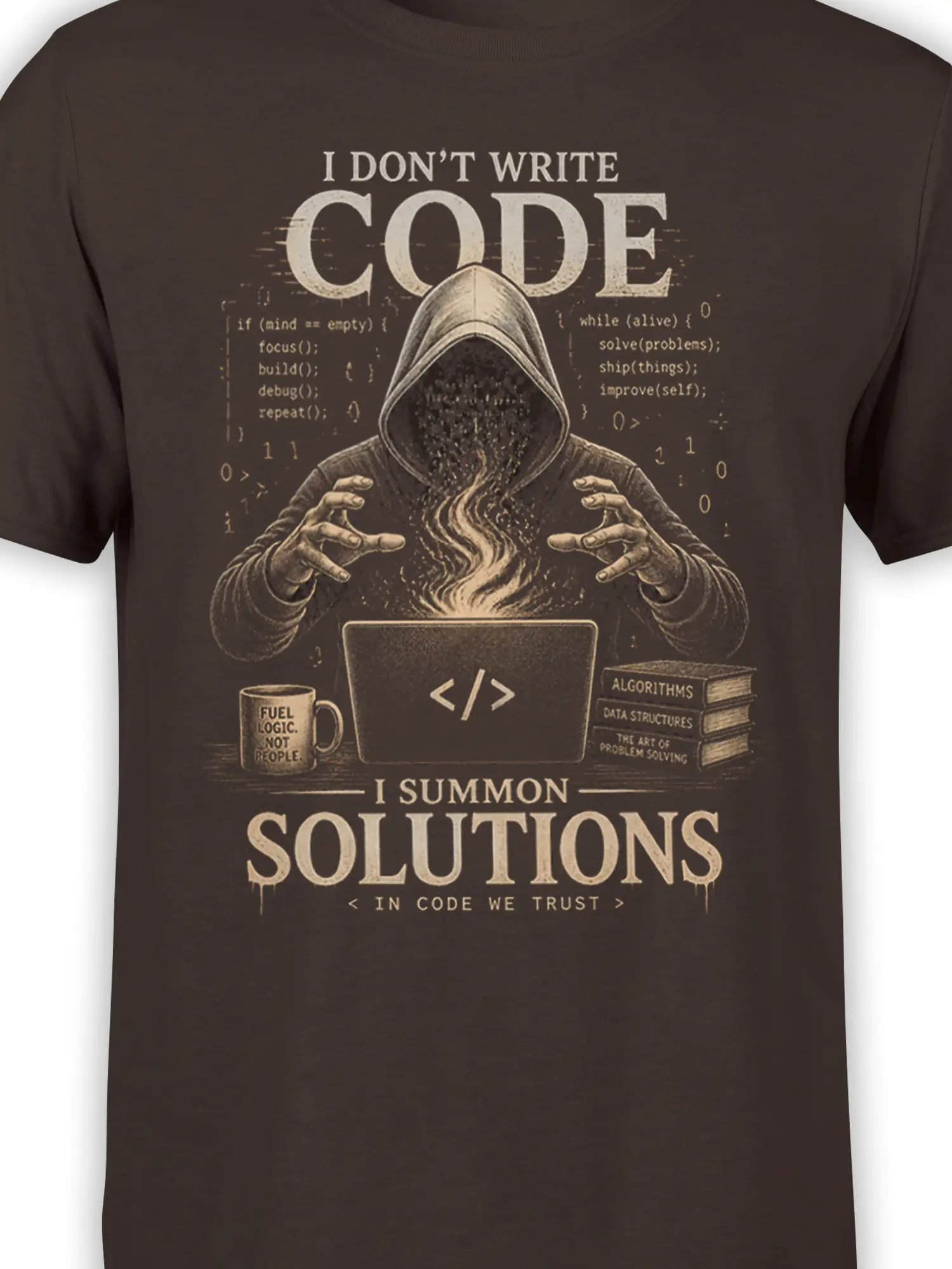 Close-up of hooded coder artwork, laptop code symbol, binary digits, and I Summon Solutions text on brown fabric