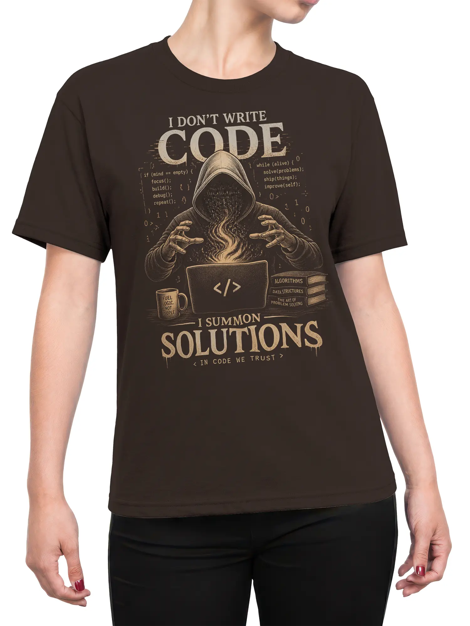 Female torso wearing a brown programmer T-shirt with hooded coder artwork and I Summon Solutions lettering