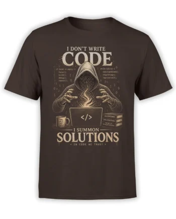 Brown programmer T-shirt with hooded coder, laptop, algorithm books, and the phrase I Summon Solutions