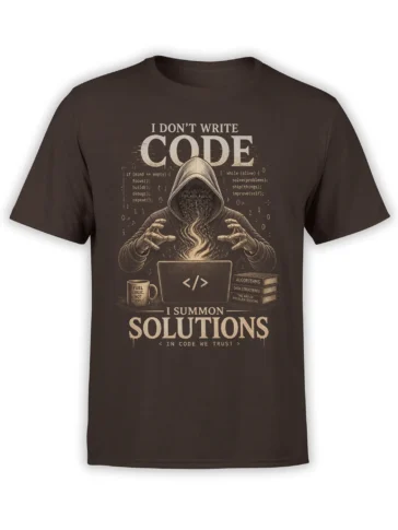 Brown programmer T-shirt with hooded coder, laptop, algorithm books, and the phrase I Summon Solutions