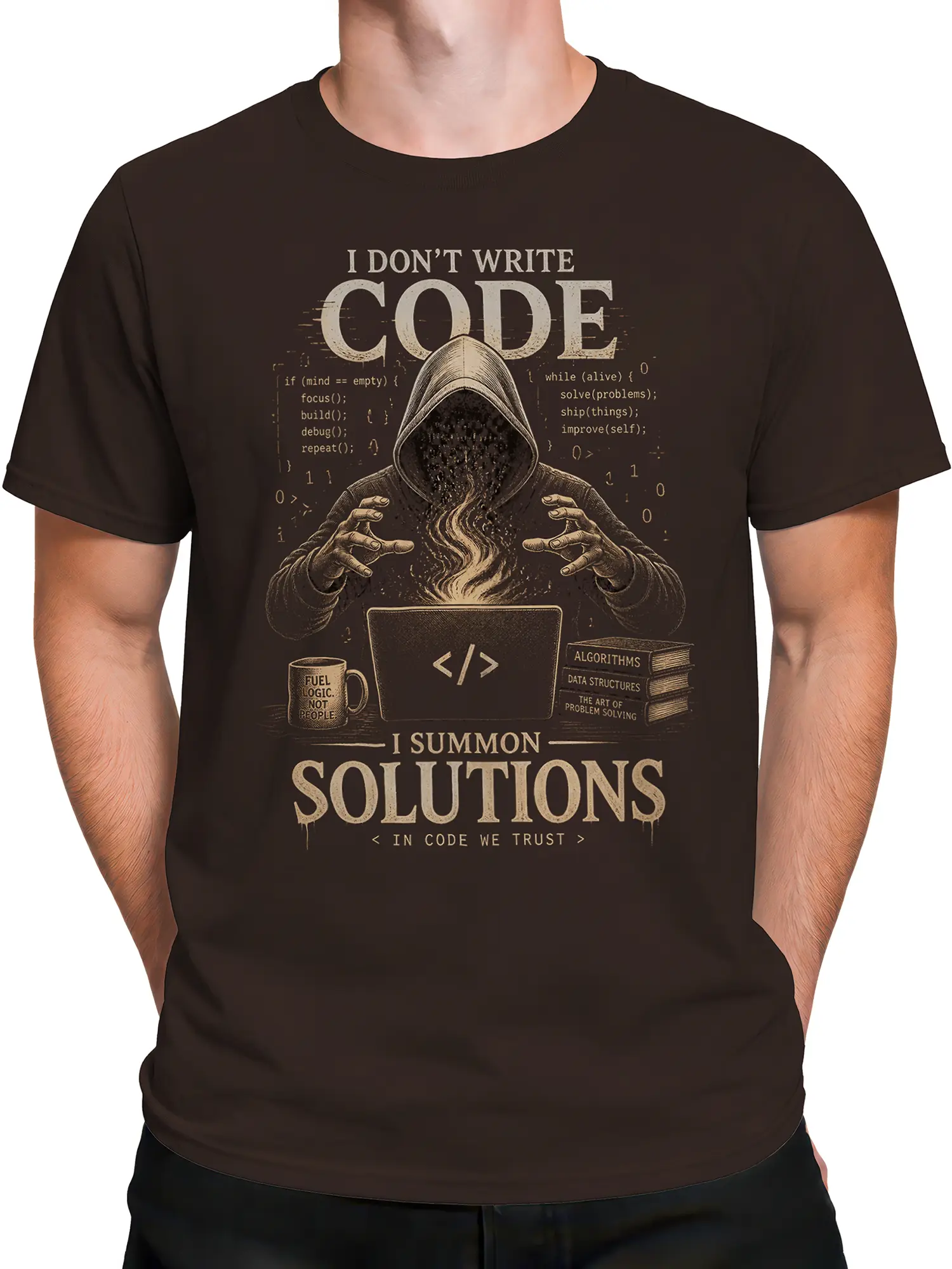 Male torso wearing a brown coder T-shirt with hooded figure, laptop, and vintage programming design