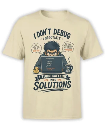 Beige programmer T-shirt with developer, laptop code, coffee mug, yellow duck, and funny coding slogans