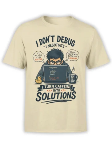 Beige programmer T-shirt with developer, laptop code, coffee mug, yellow duck, and funny coding slogans