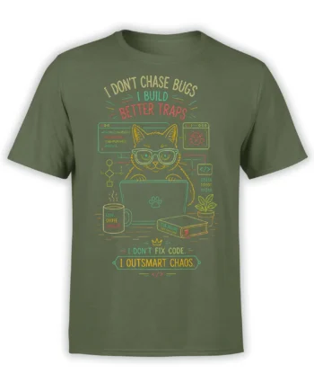 Olive green coding cat T-shirt with glasses, laptop, coffee, bug symbols, and colorful debugging text