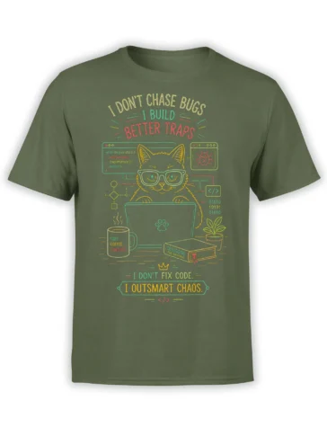 Olive green coding cat T-shirt with glasses, laptop, coffee, bug symbols, and colorful debugging text