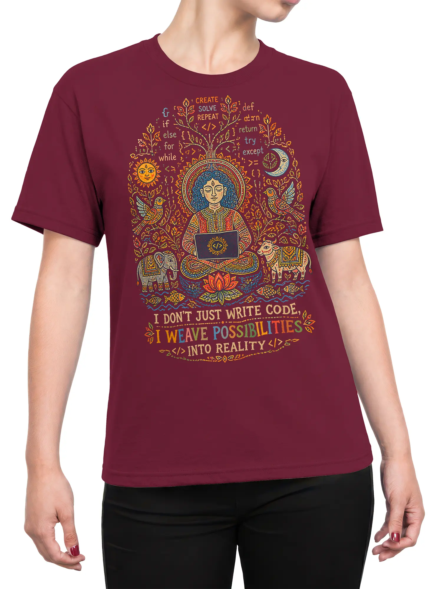 Female torso wearing a maroon programmer T-shirt with meditating coder, lotus artwork, and the phrase about weaving possibilities