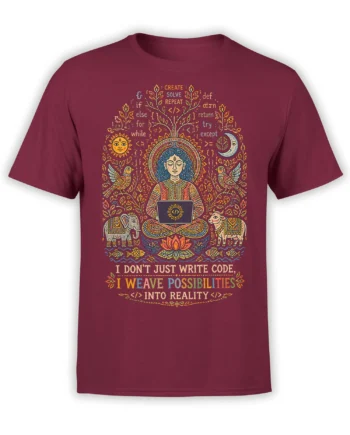Maroon programmer T-shirt with a meditating coder, laptop, lotus flower, animals, and coding symbols