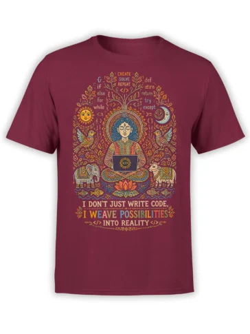 Maroon programmer T-shirt with a meditating coder, laptop, lotus flower, animals, and coding symbols