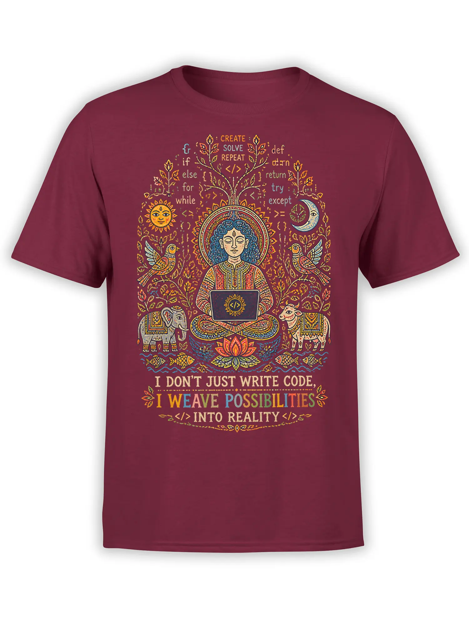 Maroon programmer T-shirt with a meditating coder, laptop, lotus flower, animals, and coding symbols