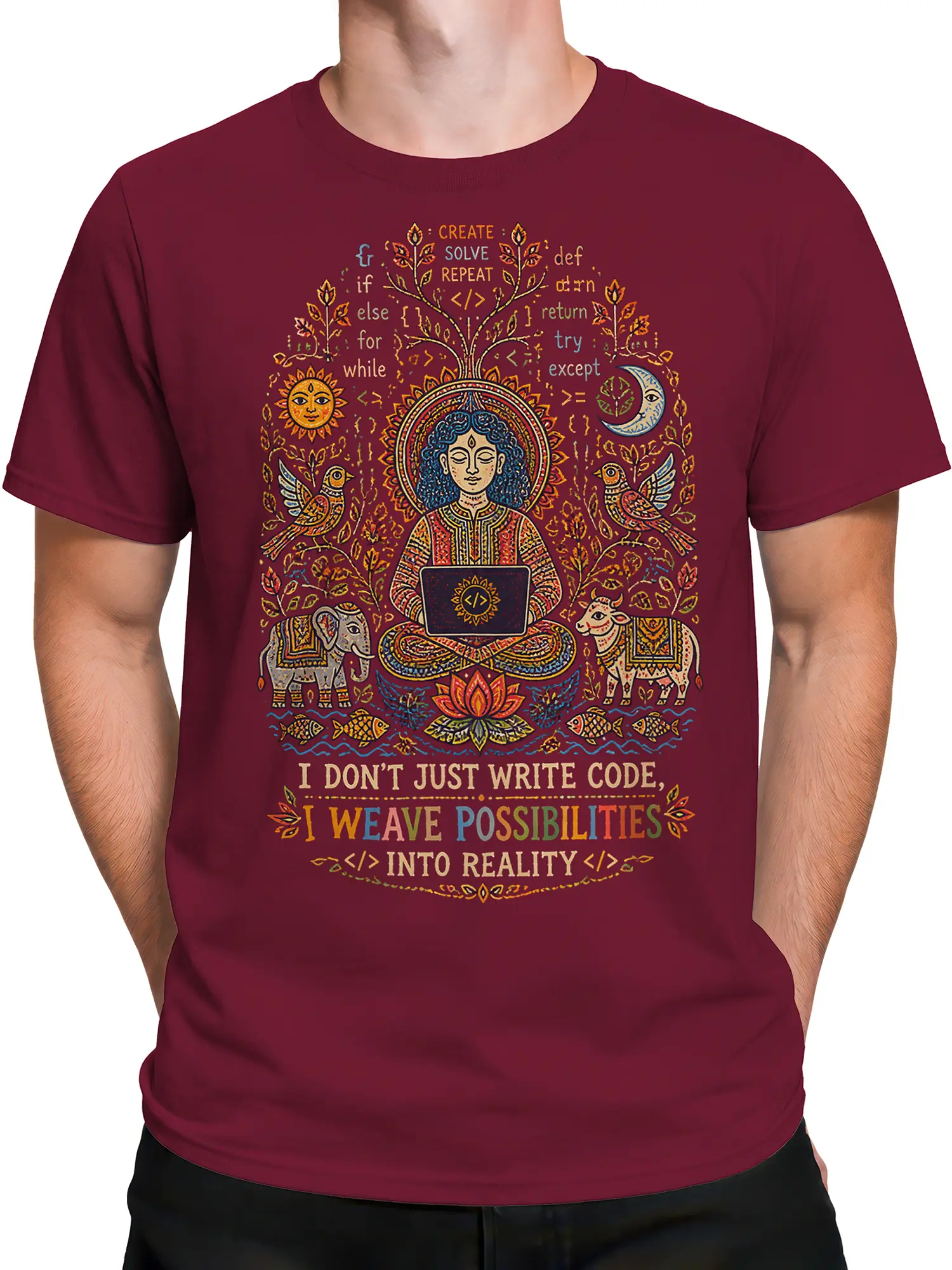 Male torso wearing a maroon coding T-shirt with a laptop coder, lotus artwork, and colorful ornamental programming design