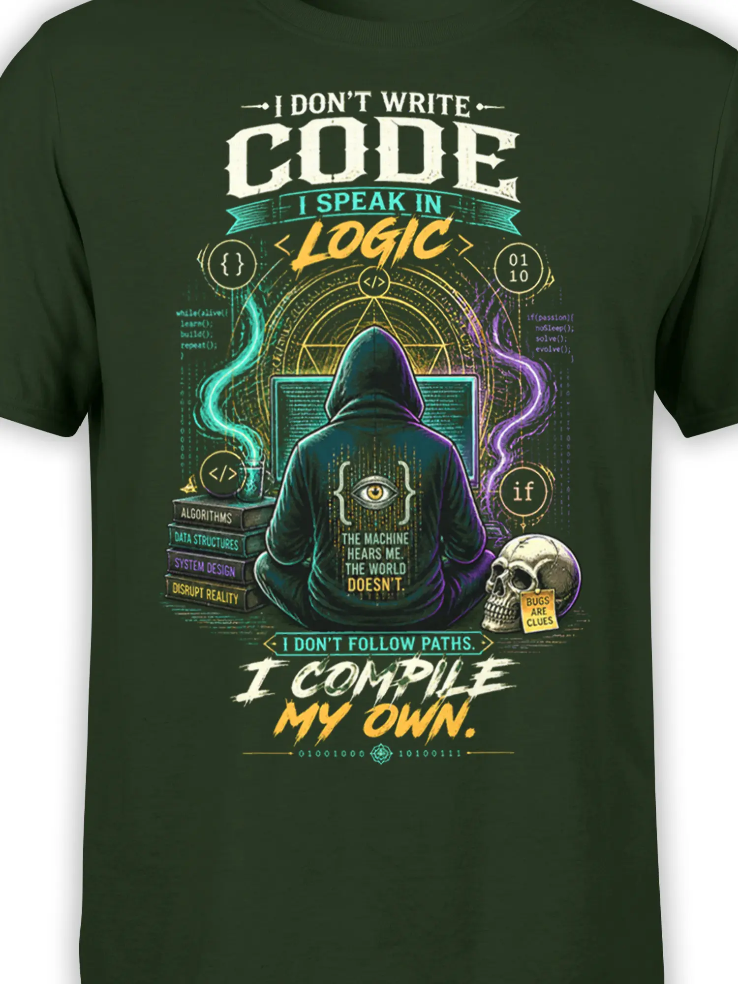 Close-up of hooded coder graphic with logic slogans, colorful code, skull clues, and mystical symbols on dark green fabric