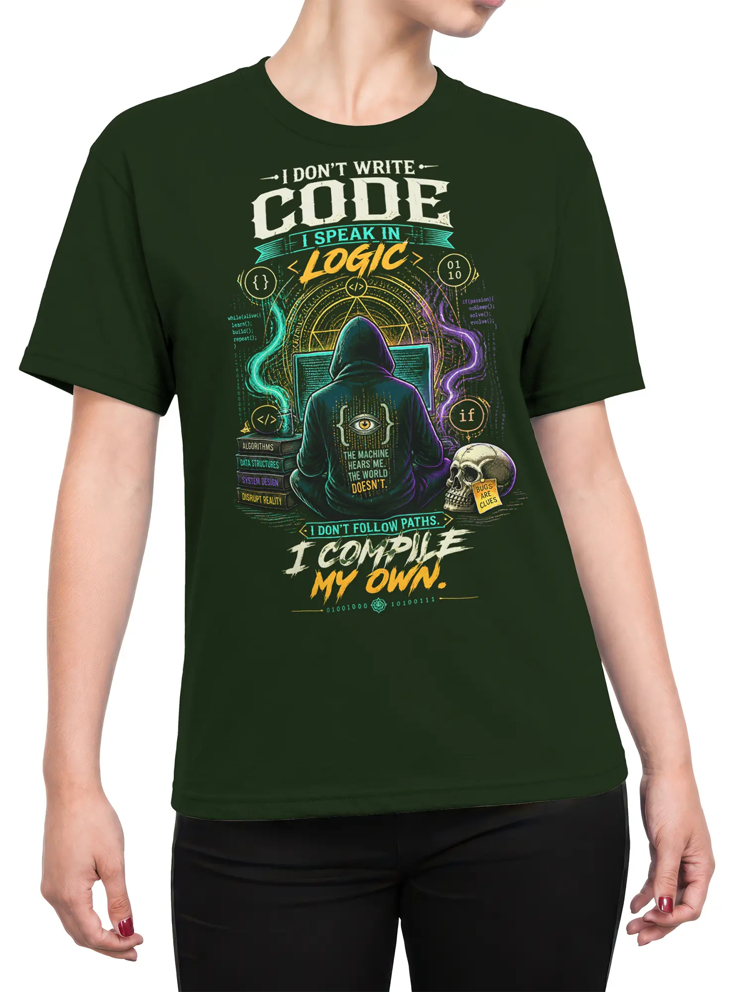 Female torso wearing a dark green programmer T-shirt with hooded coder artwork, colorful code, and logic slogans