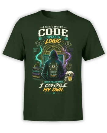 Dark green programmer T-shirt with hooded coder, glowing code, skull clues, and the words I speak in logic