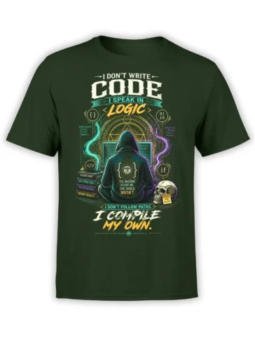 Dark green programmer T-shirt with hooded coder, glowing code, skull clues, and the words I speak in logic