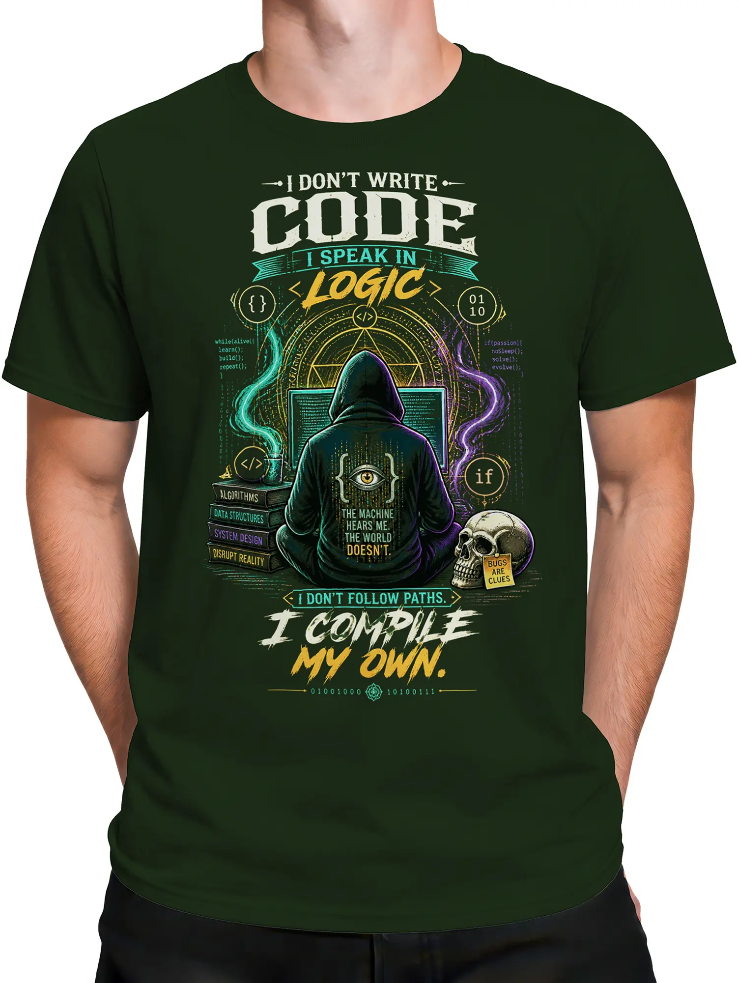 Male torso wearing dark green programmer T-shirt with hooded coder artwork, binary symbols, and colorful coding details
