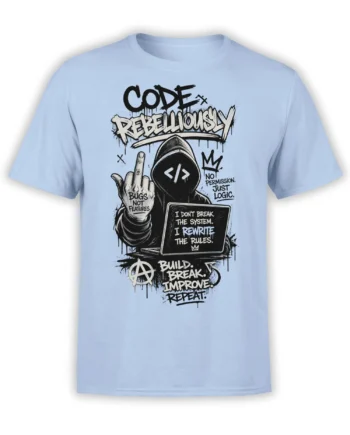 Hooded programmer with laptop and rebellious coding text printed on a light blue T-shirt