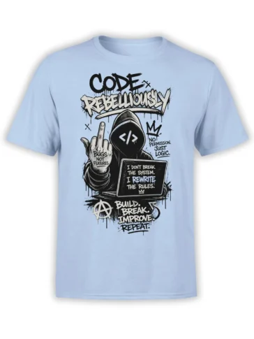 Hooded programmer with laptop and rebellious coding text printed on a light blue T-shirt
