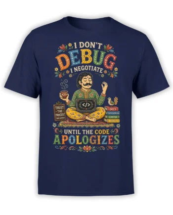 Medicating coder graphic with coffee and code apology lettering on a navy programmer T-shirt
