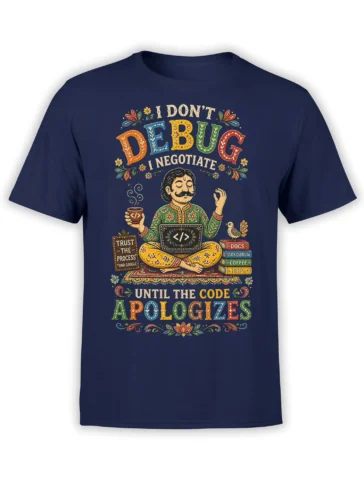 Medicating coder graphic with coffee and code apology lettering on a navy programmer T-shirt