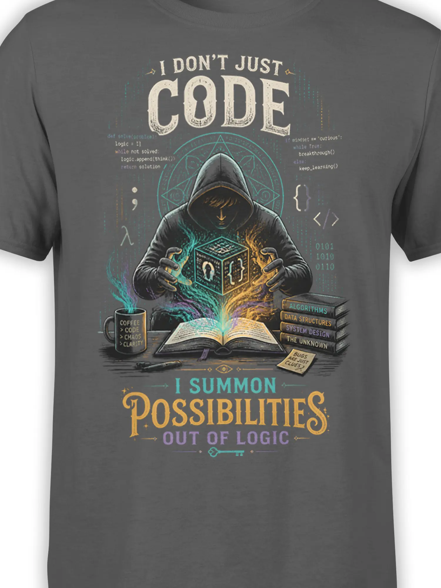 Close-up of hooded coder artwork with code symbols, glowing cube, books, and coffee on a gray programmer T-shirt