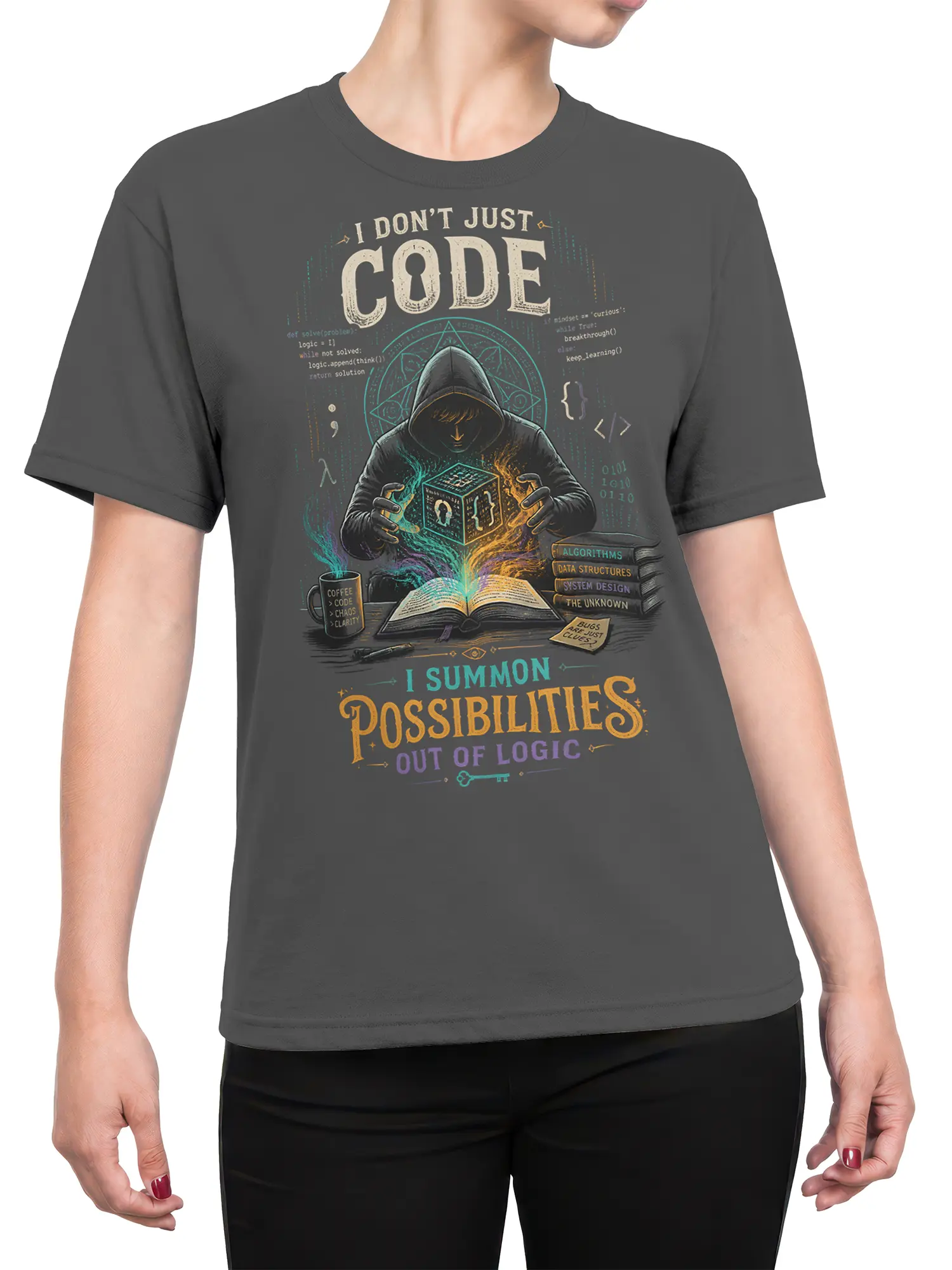 Female torso wearing a gray programmer T-shirt with hooded coder artwork and the phrase I Summon Possibilities