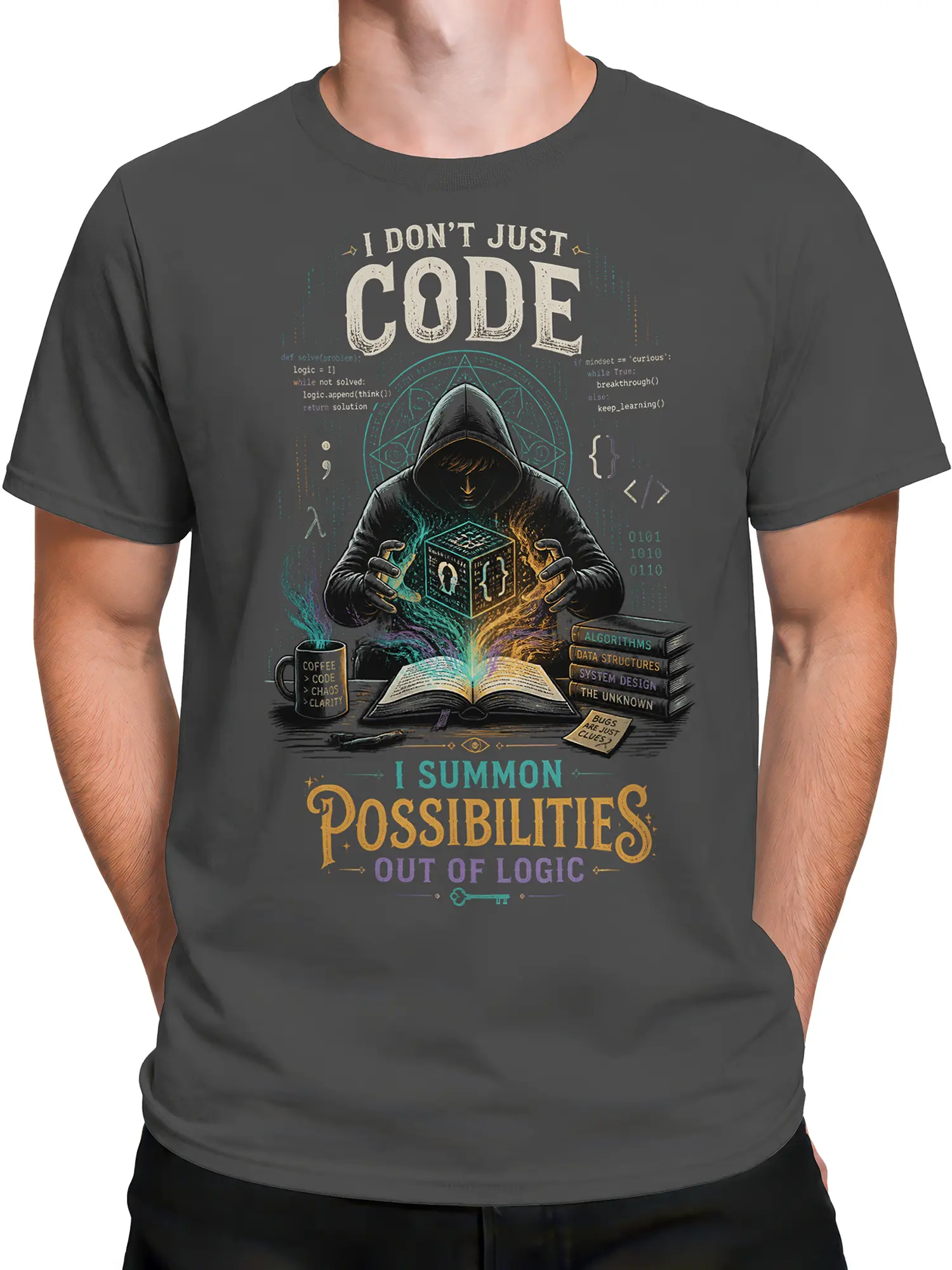 Male torso wearing a gray programmer T-shirt with colorful hooded coder and coding-themed artwork