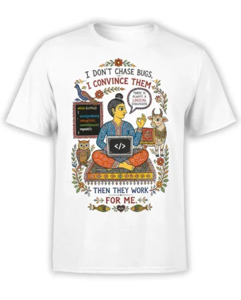 White programmer T-shirt with meditating figure, laptop, colorful animals, flowers, and a funny bug-solving slogan