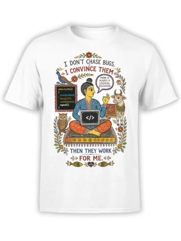 White programmer T-shirt with meditating figure, laptop, colorful animals, flowers, and a funny bug-solving slogan