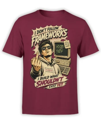 Retro programmer graphic with vintage computer, code details, and rebellious comic text on a burgundy T-shirt