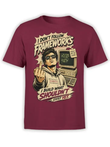 Retro programmer graphic with vintage computer, code details, and rebellious comic text on a burgundy T-shirt