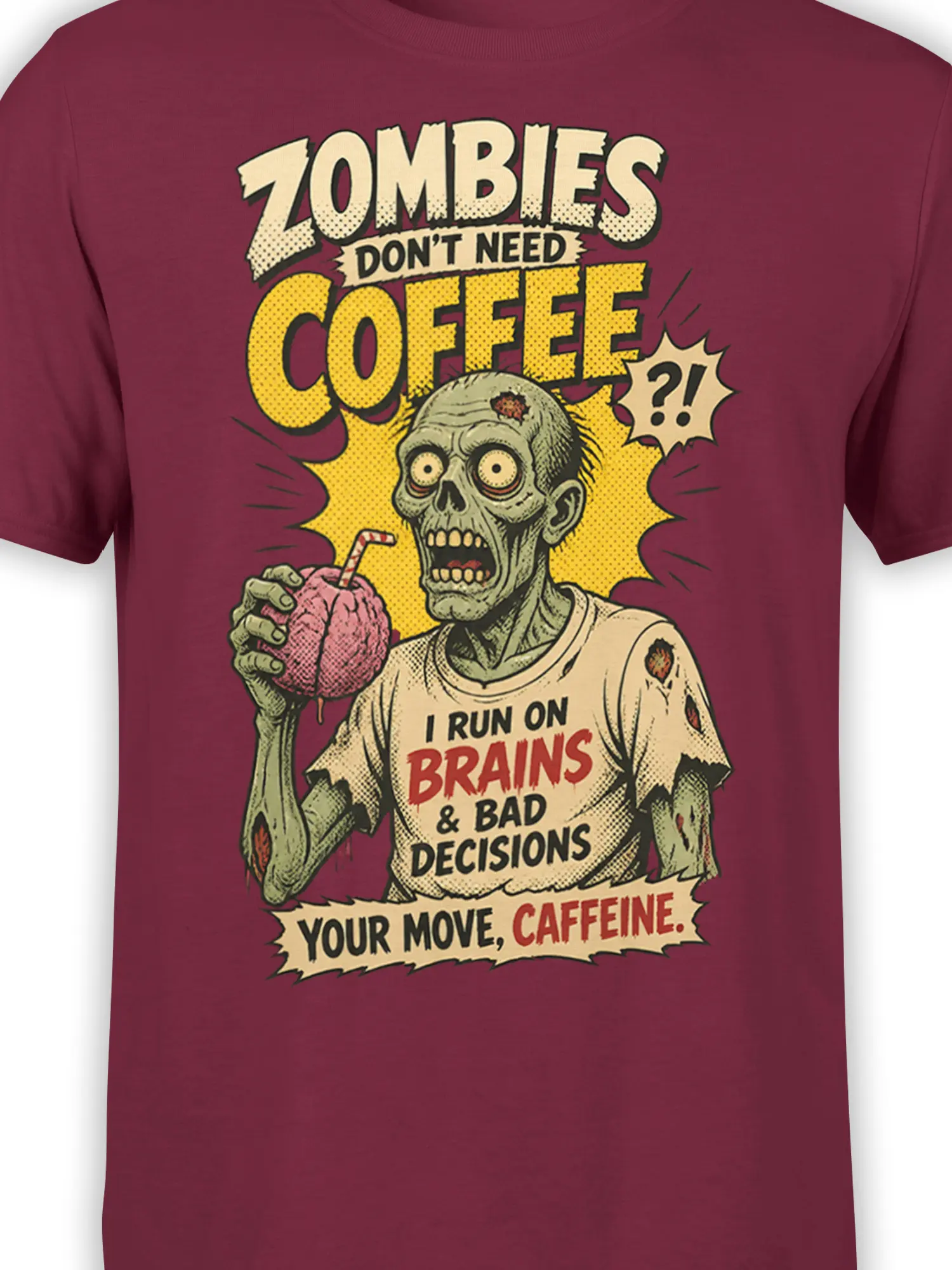 Close-up of zombie coffee artwork with a brain-shaped drink and distressed lettering on burgundy fabric